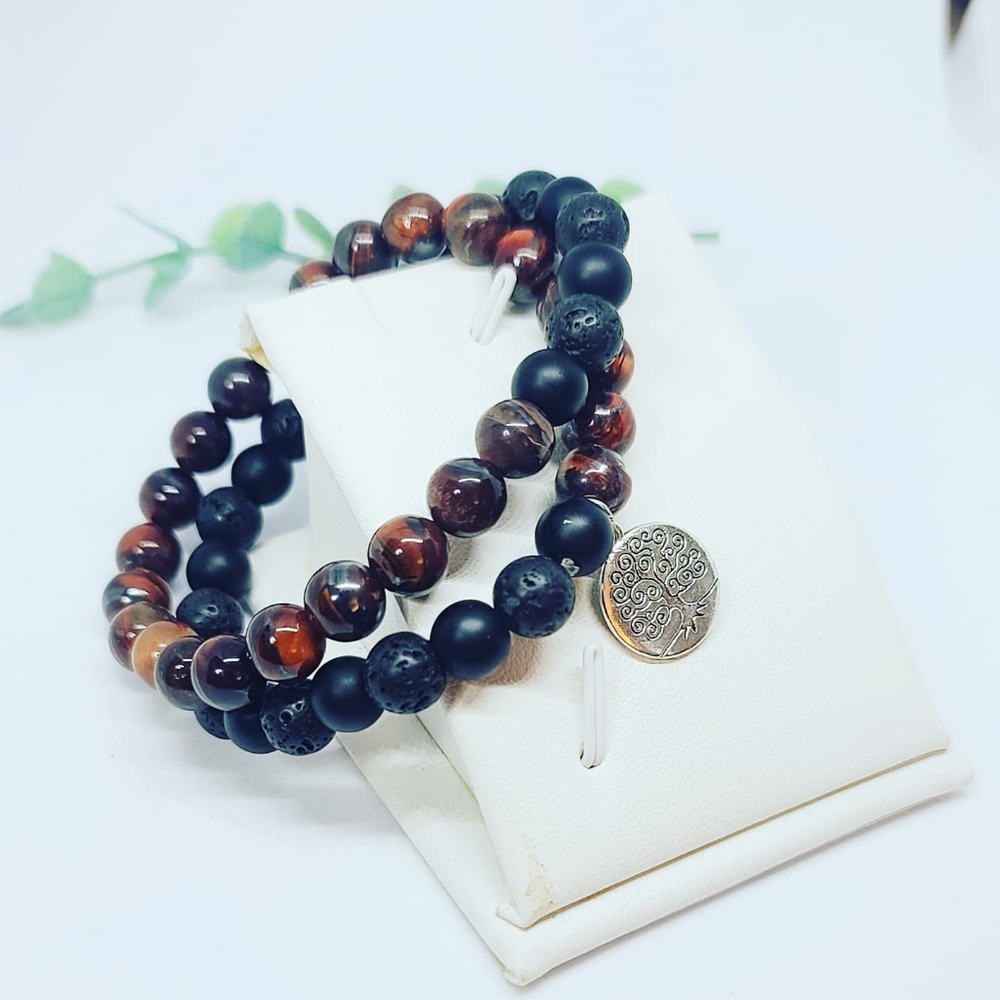Red Tiger Eye, Lava Stone, Black Agate Bracelet Tree of Life Charm